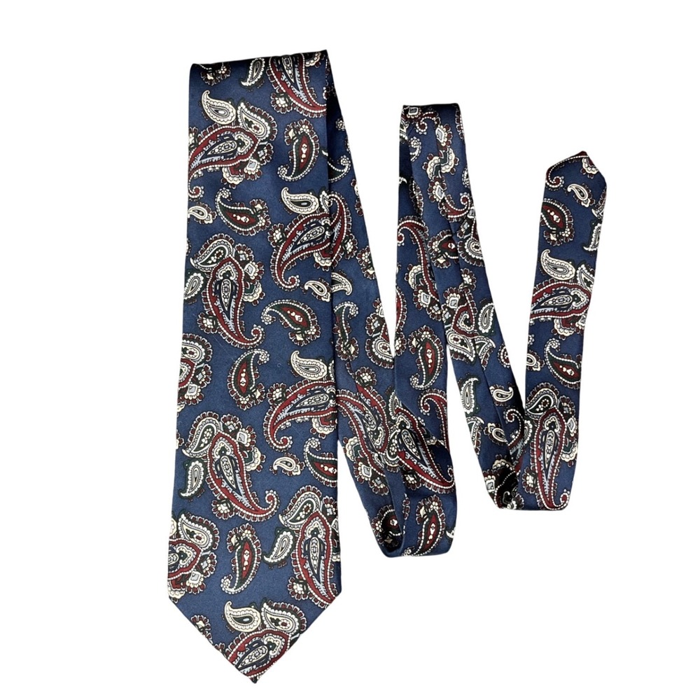 Sheaf & Caber Mens Silk Paisley Tie Navy Blue Burgundy Made in USA Classic Wide